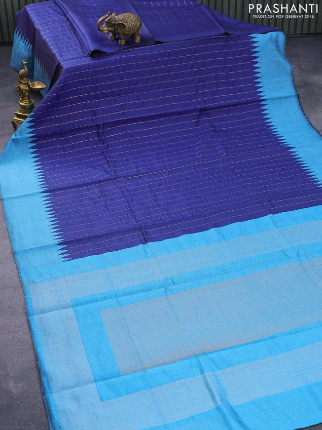 Dupion silk saree blue and light blue with allover zari woven stripe weaves and temple woven border