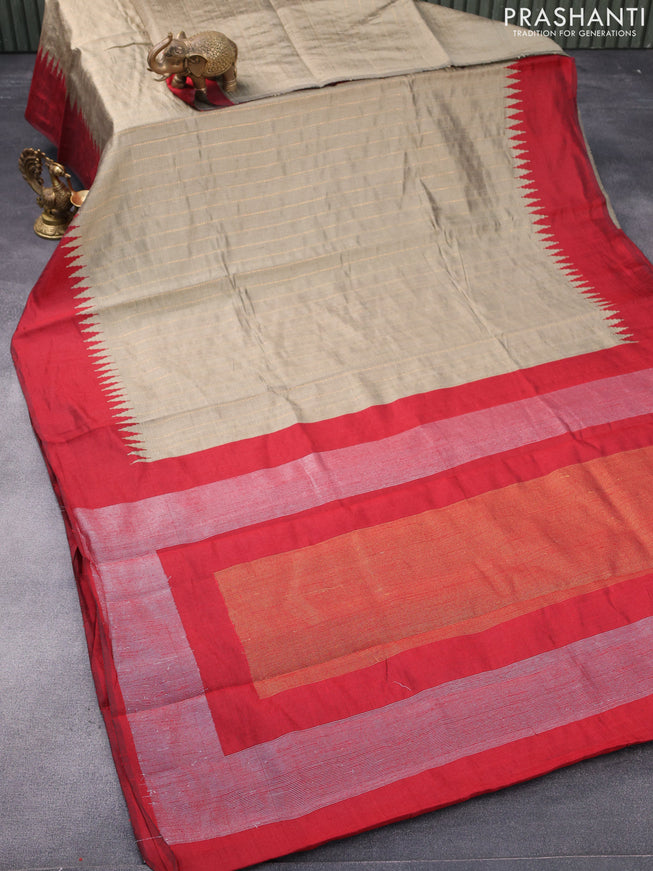 Dupion silk saree beige and maroon with allover zari woven stripe weaves and temple woven border