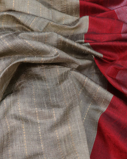 Dupion silk saree beige and maroon with allover zari woven stripe weaves and temple woven border