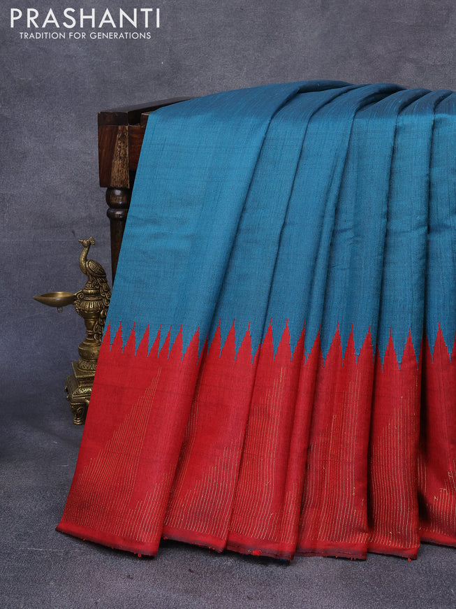Dupion silk saree peacock blue and red with plain body and long temple woven border