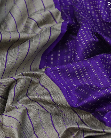Dupion silk saree grey shade and violet with allover thread stripe weaves and long temple woven border
