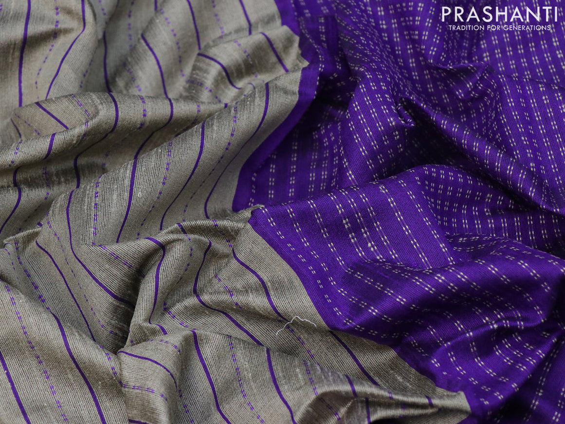 Dupion silk saree grey shade and violet with allover thread stripe weaves and long temple woven border