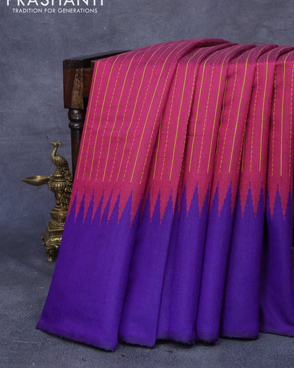 Dupion silk saree dark magenta and violet with allover thread stripe weaves and long temple woven border