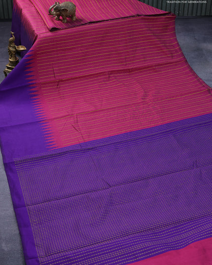 Dupion silk saree dark magenta and violet with allover thread stripe weaves and long temple woven border
