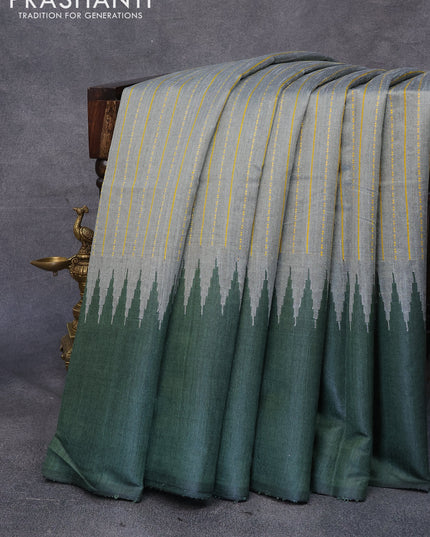 Dupion silk saree grey shade and sap green with allover thread stripe weaves and long temple woven border