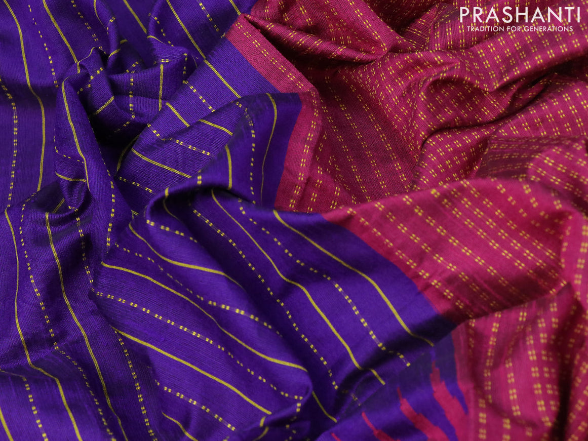 Dupion silk saree violet and magenta pink with allover thread stripe weaves and long temple woven border
