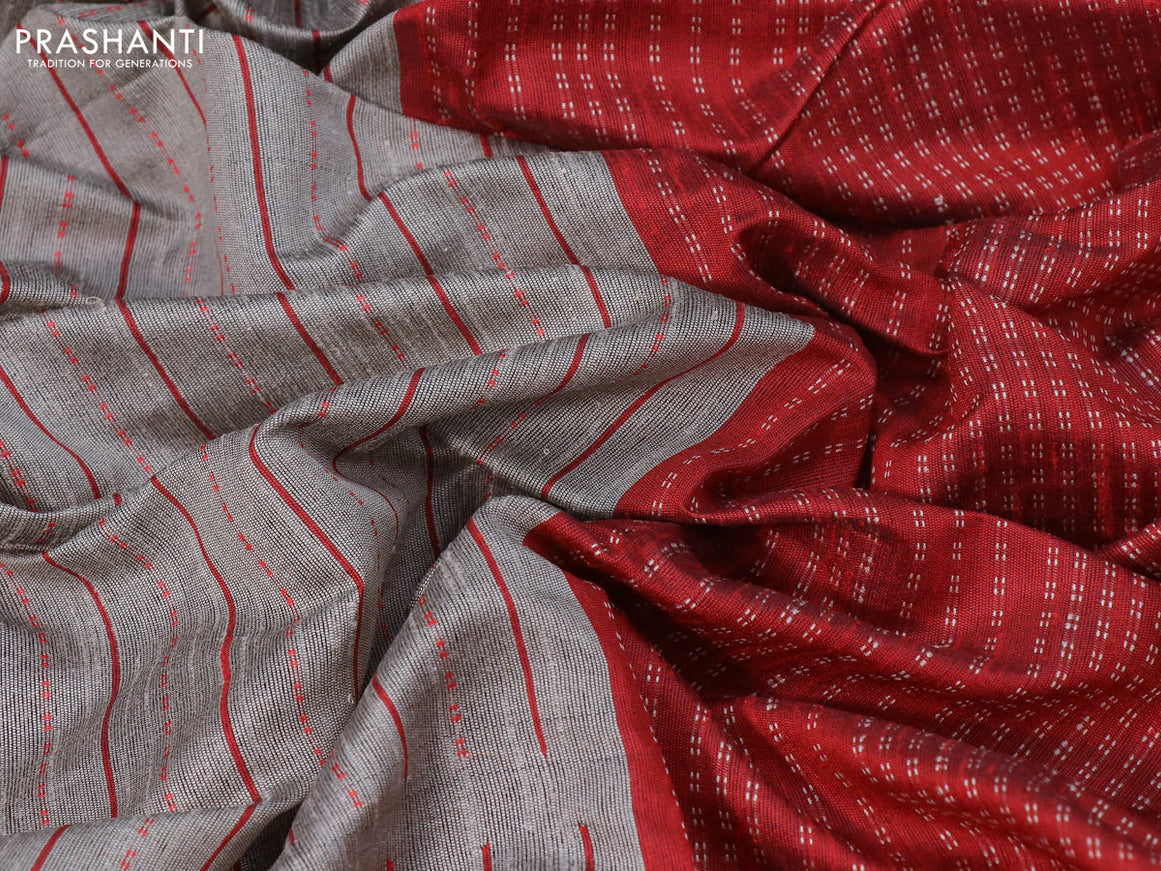 Dupion silk saree grey shade and red with allover thread stripe weaves and long temple woven border
