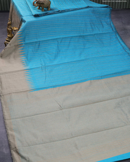 Dupion silk saree blue and beige with allover thread stripe weaves and long temple woven border