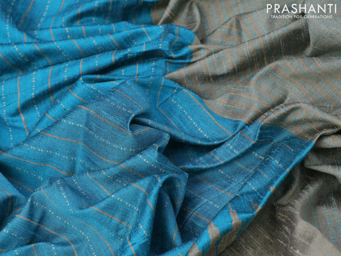 Dupion silk saree blue and beige with allover thread stripe weaves and long temple woven border