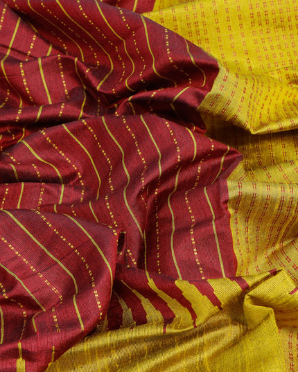 Dupion silk saree maroon and yellow with allover thread stripe weaves and long temple woven border