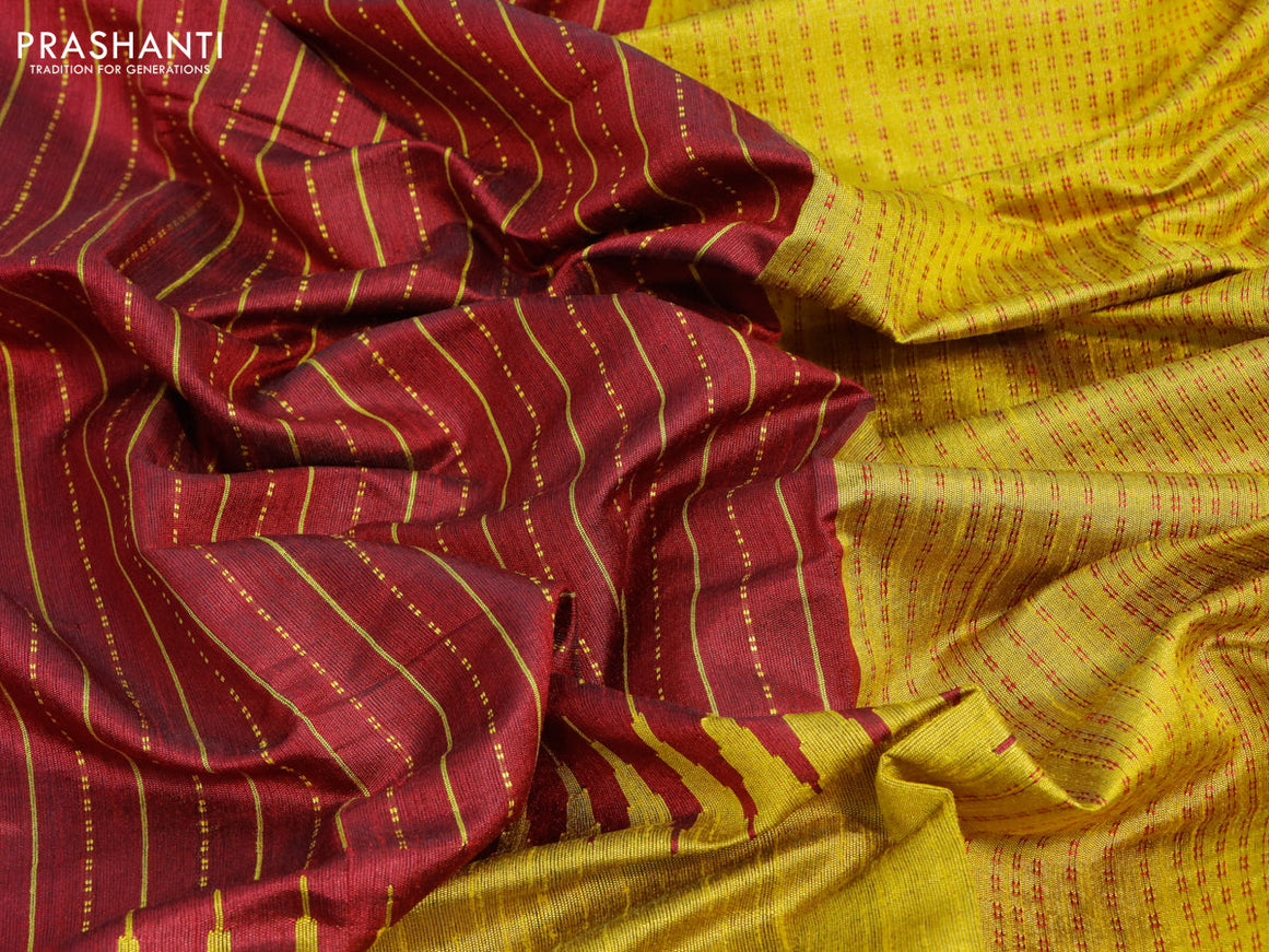 Dupion silk saree maroon and yellow with allover thread stripe weaves and long temple woven border