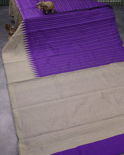 Dupion silk saree violet and beige with allover thread stripe weaves and long temple woven border