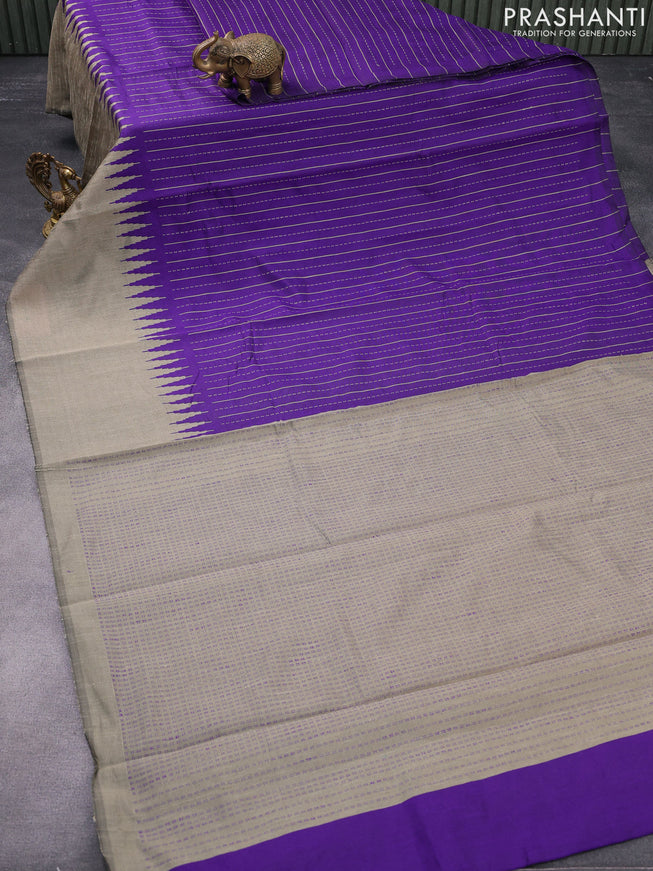 Dupion silk saree violet and beige with allover thread stripe weaves and long temple woven border