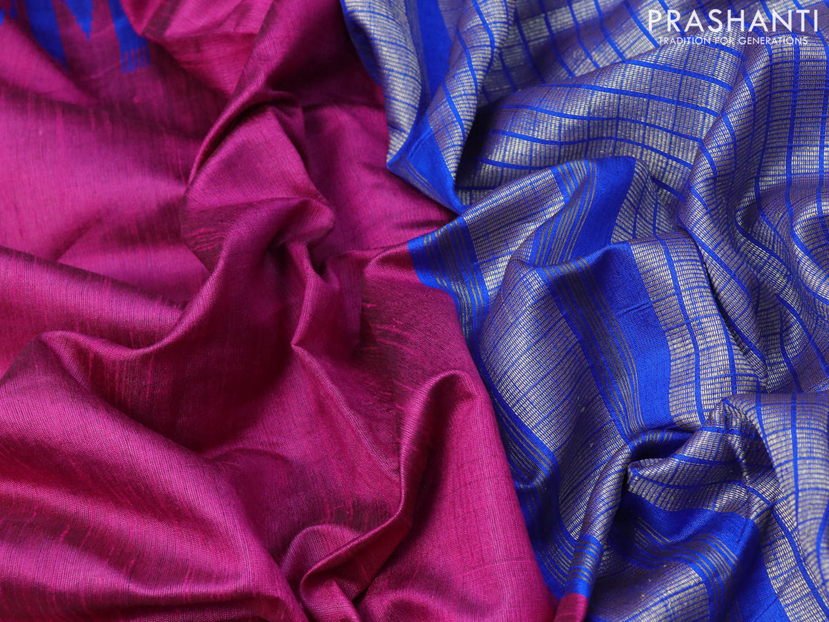 Dupion silk saree magenta pink and royal blue with plain body and temple design zari woven border