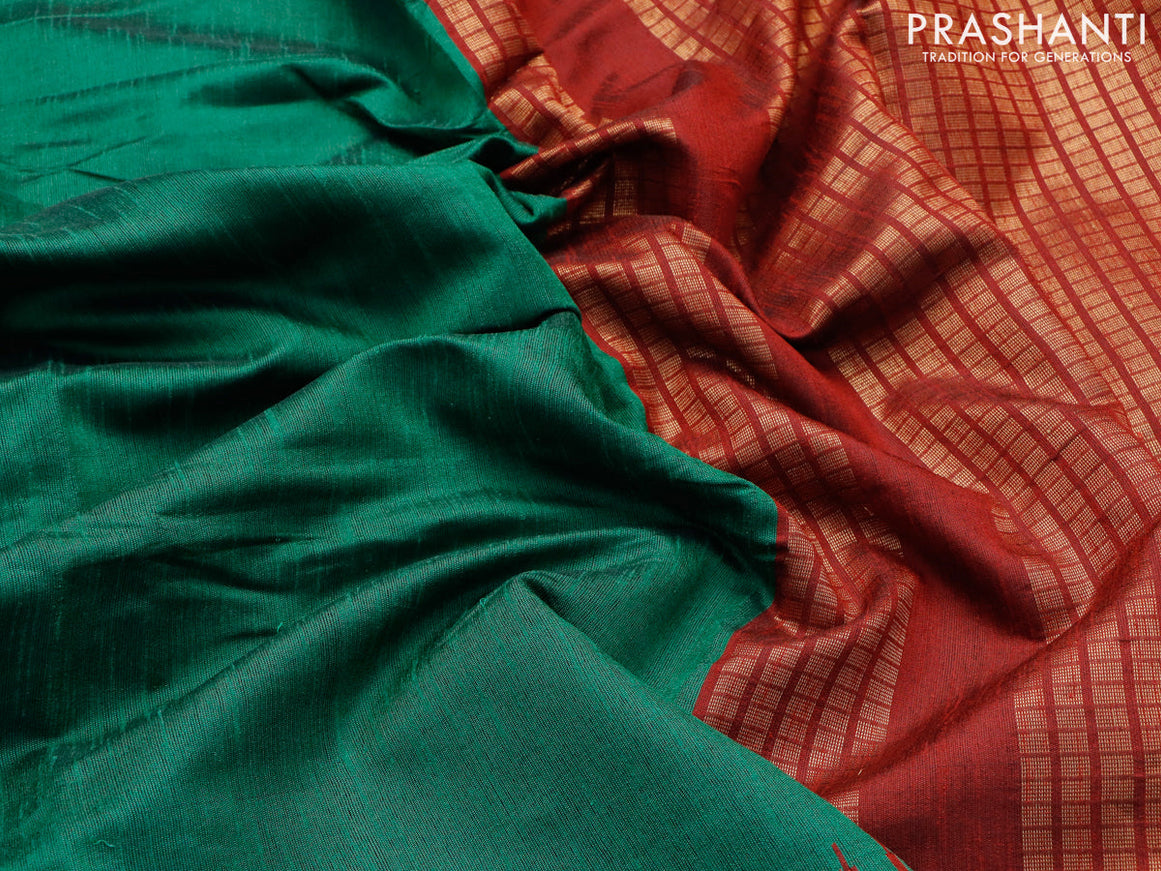 Dupion silk saree green and maroon with plain body and temple design zari woven border