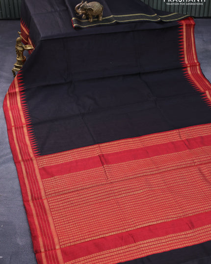 Dupion silk saree black and maroon with plain body and temple design zari woven border