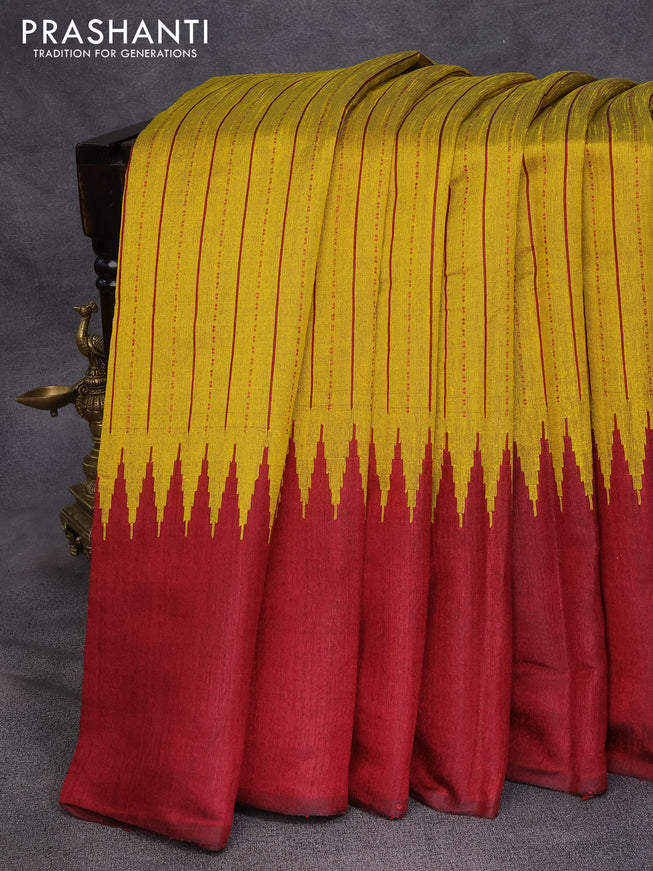 Dupion silk saree yellow and maroon with allover thread weaves and temple woven border