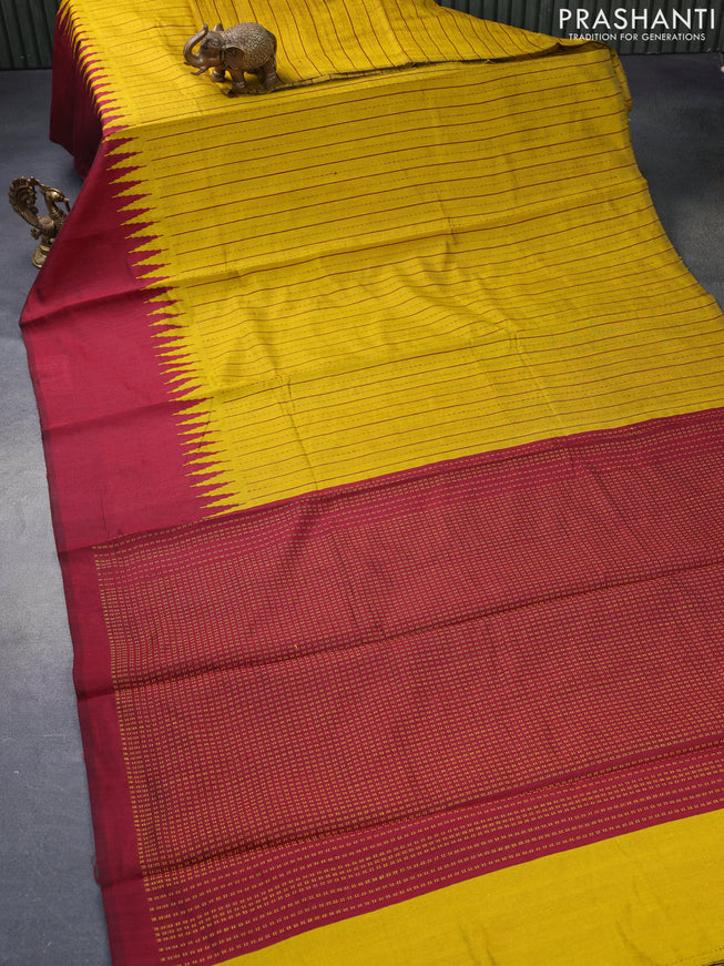 Dupion silk saree yellow and maroon with allover thread weaves and temple woven border