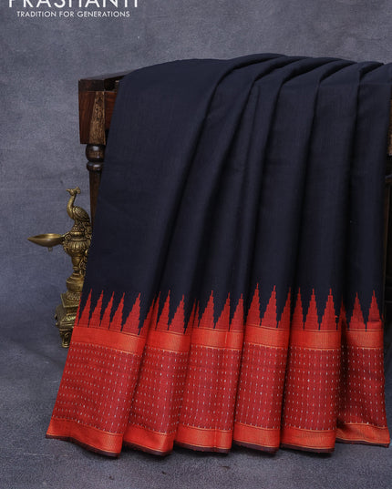 Dupion silk saree black and maroon with plain body and temple design reattpet zari woven border