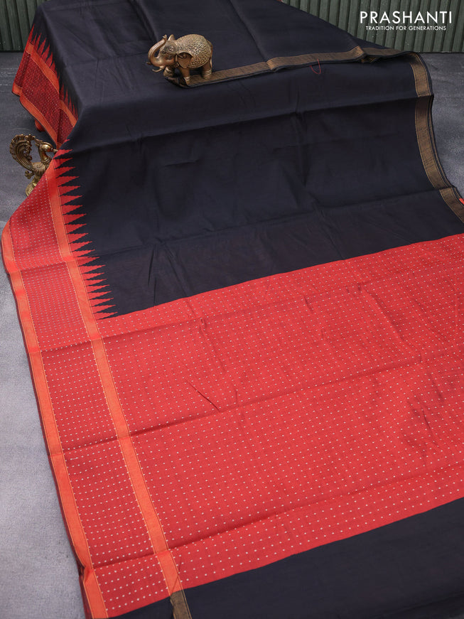 Dupion silk saree black and maroon with plain body and temple design reattpet zari woven border