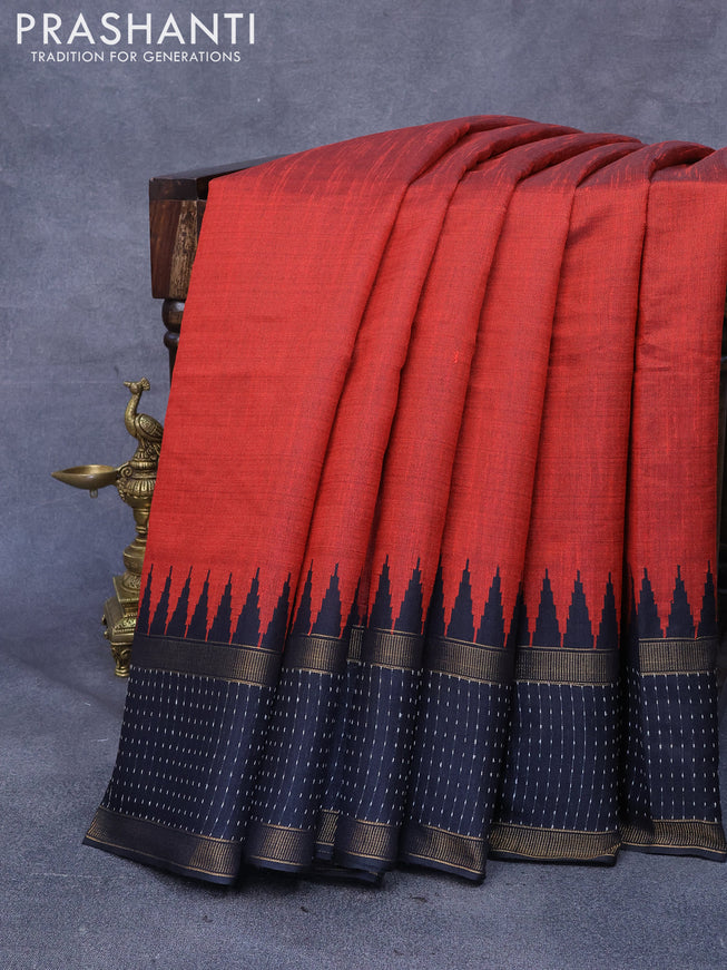 Dupion silk saree maroon and black with plain body and temple design reattpet zari woven border