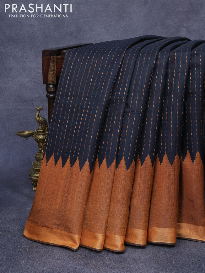 Dupion silk saree black and dark mustard with allover thread weaves and temple woven zari border