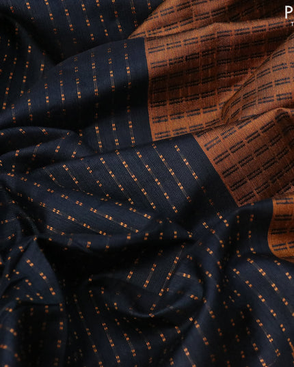 Dupion silk saree black and dark mustard with allover thread weaves and temple woven zari border
