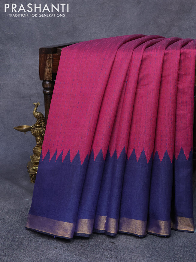 Dupion silk saree magenta pink and navy blue with allover thread weaves and temple woven zari border