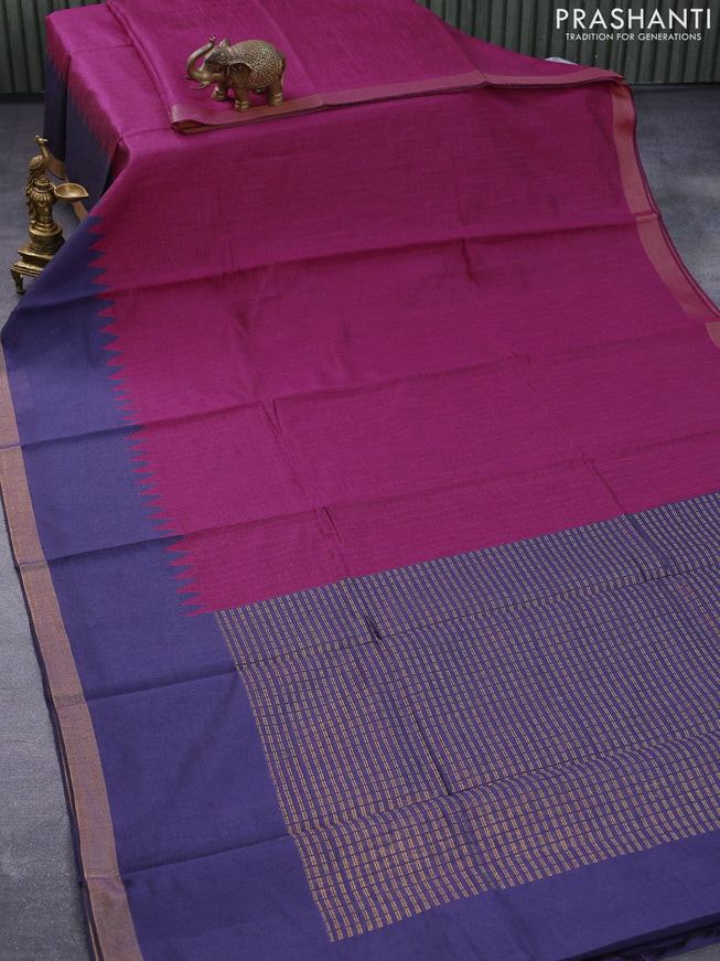 Dupion silk saree magenta pink and navy blue with allover thread weaves and temple woven zari border