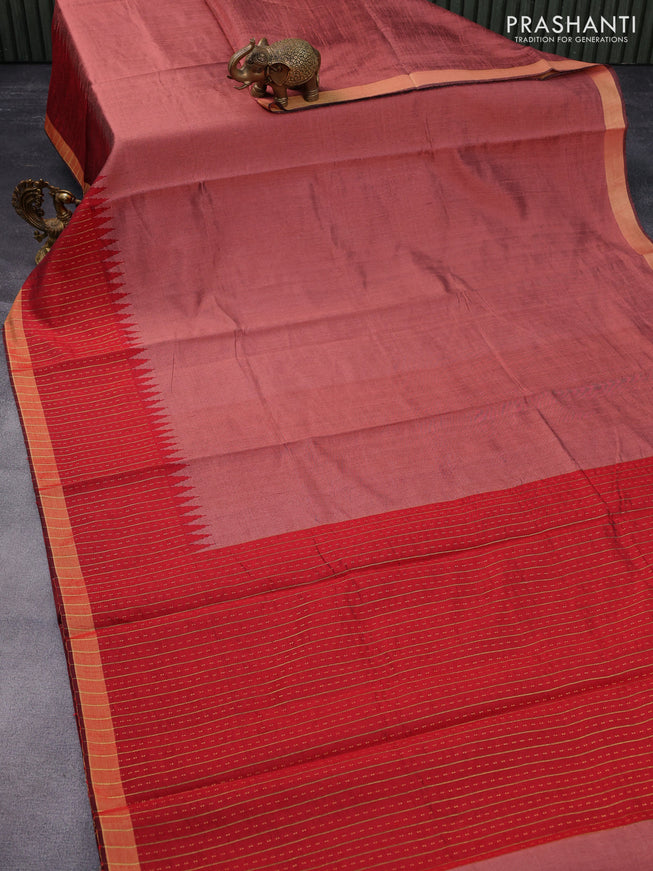 Dupion silk saree peach shade and maroon with plain body and temple woven zari border