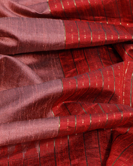 Dupion silk saree peach shade and maroon with plain body and temple woven zari border
