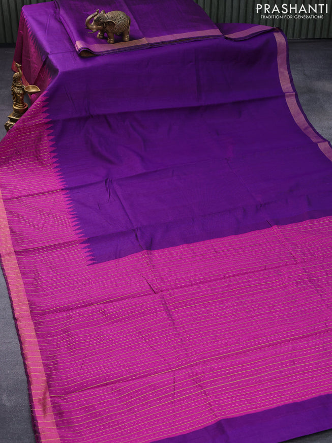 Dupion silk saree deep violet and magenta pink with plain body and temple woven zari border