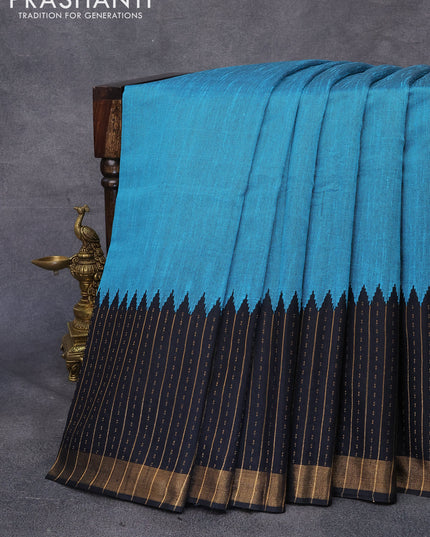 Dupion silk saree teal blue and black with plain body and temple woven zari border