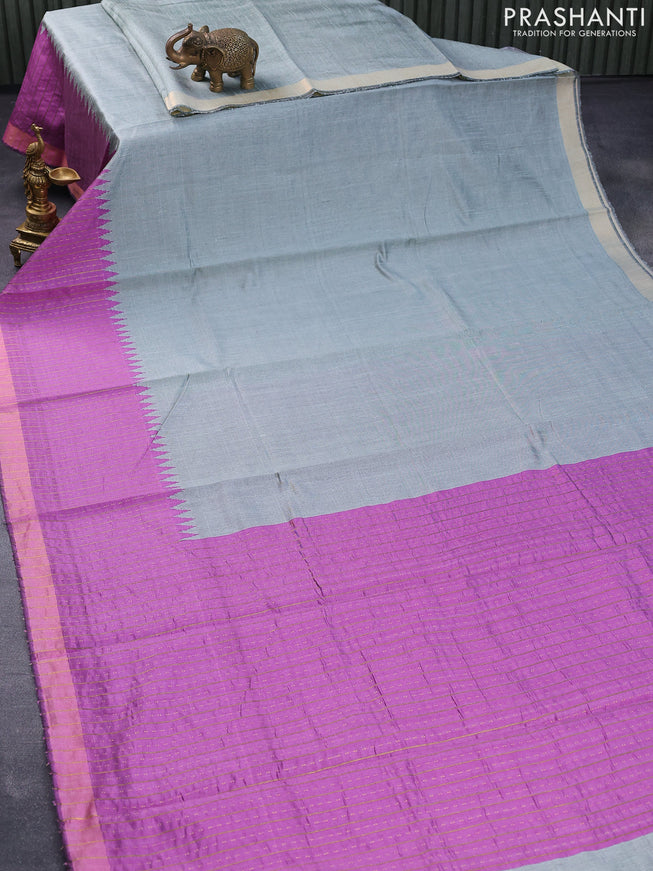 Dupion silk saree grey shade and mild purple shade with plain body and temple woven zari border