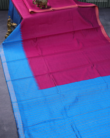 Dupion silk saree magenta pink and cs blue with plain body and temple woven zari border