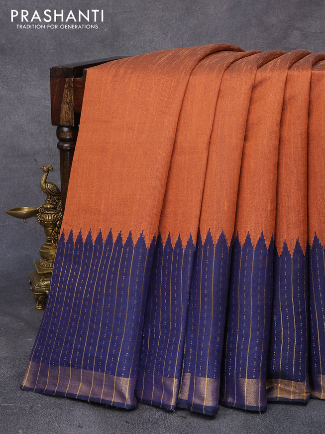 Dupion silk saree orange and navy blue with plain body and temple woven zari border