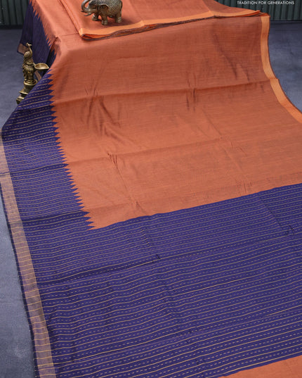 Dupion silk saree orange and navy blue with plain body and temple woven zari border