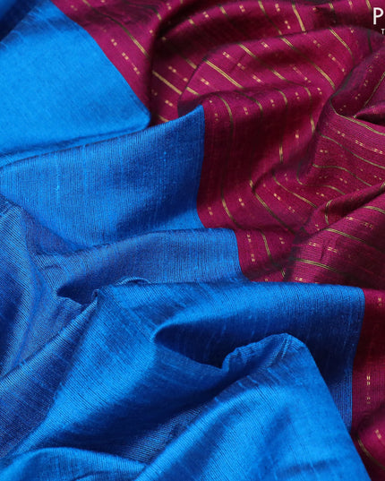 Dupion silk saree cs blue and magenta pink with plain body and temple woven zari border