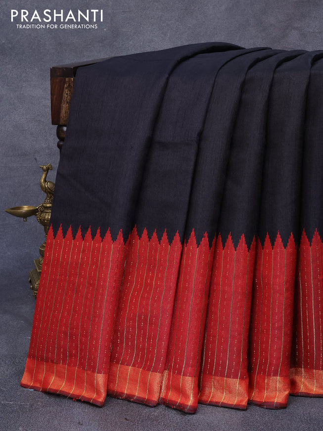 Dupion silk saree black and maroon with plain body and temple woven zari border
