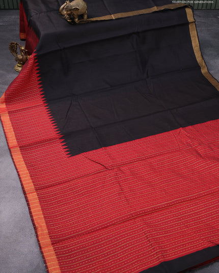 Dupion silk saree black and maroon with plain body and temple woven zari border