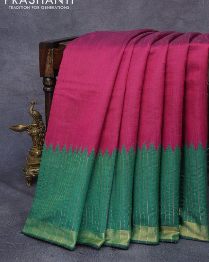 Dupion silk saree magenta pink and green with plain body and temple woven zari border