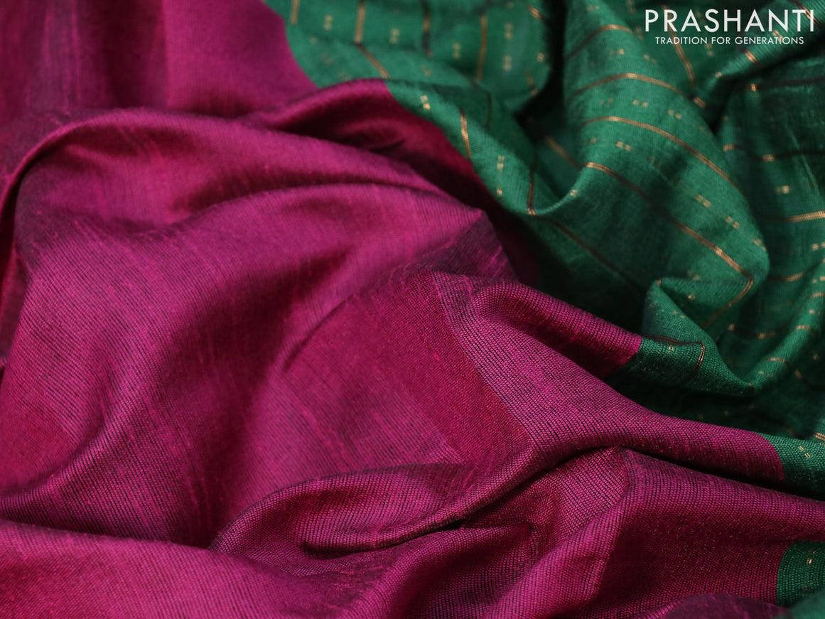 Dupion silk saree magenta pink and green with plain body and temple woven zari border