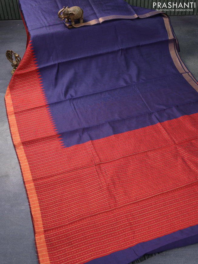 Dupion silk saree dark blue and maroon with plain body and temple woven zari border