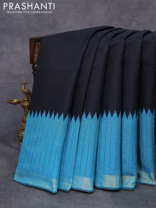 Dupion silk saree black and teal blue with plain body and temple woven zari border