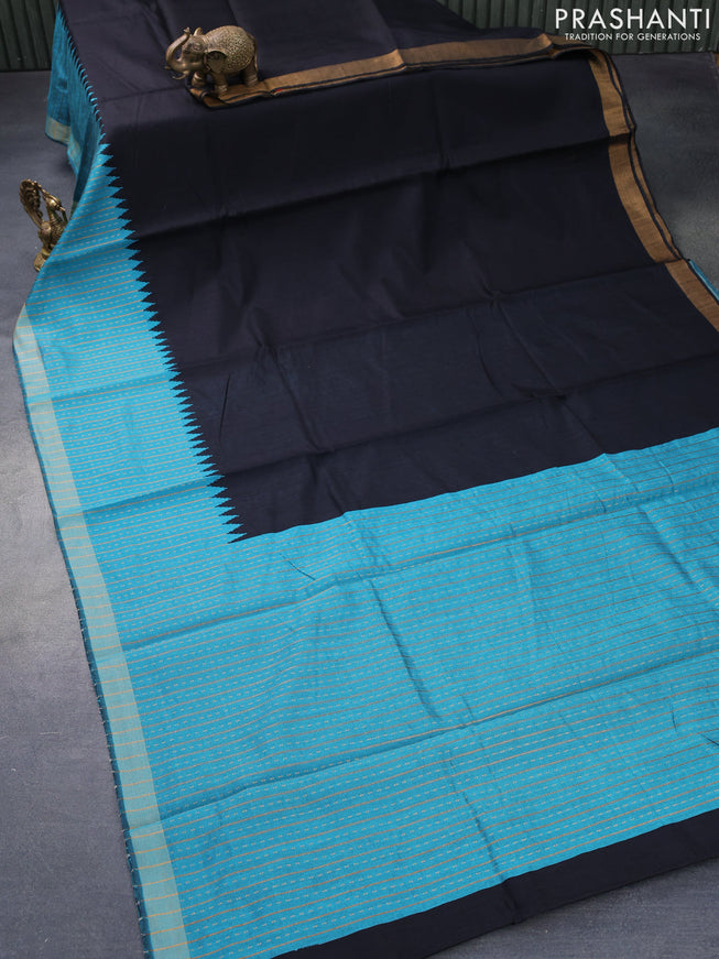 Dupion silk saree black and teal blue with plain body and temple woven zari border