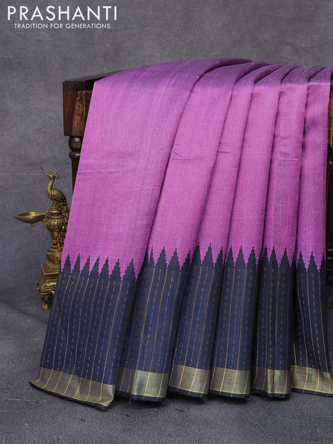 Dupion silk saree mild purple shade and black with plain body and temple woven zari border