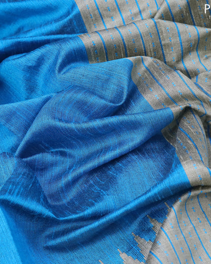 Dupion silk saree cs blue and grey shade with plain body and temple woven zari border