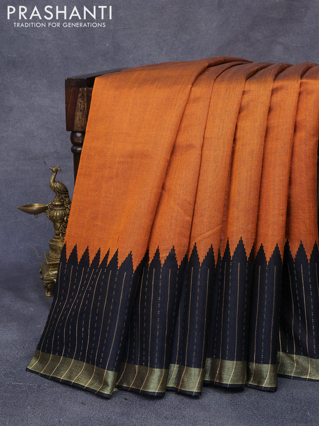 Dupion silk saree orange and black with plain body and temple woven zari border