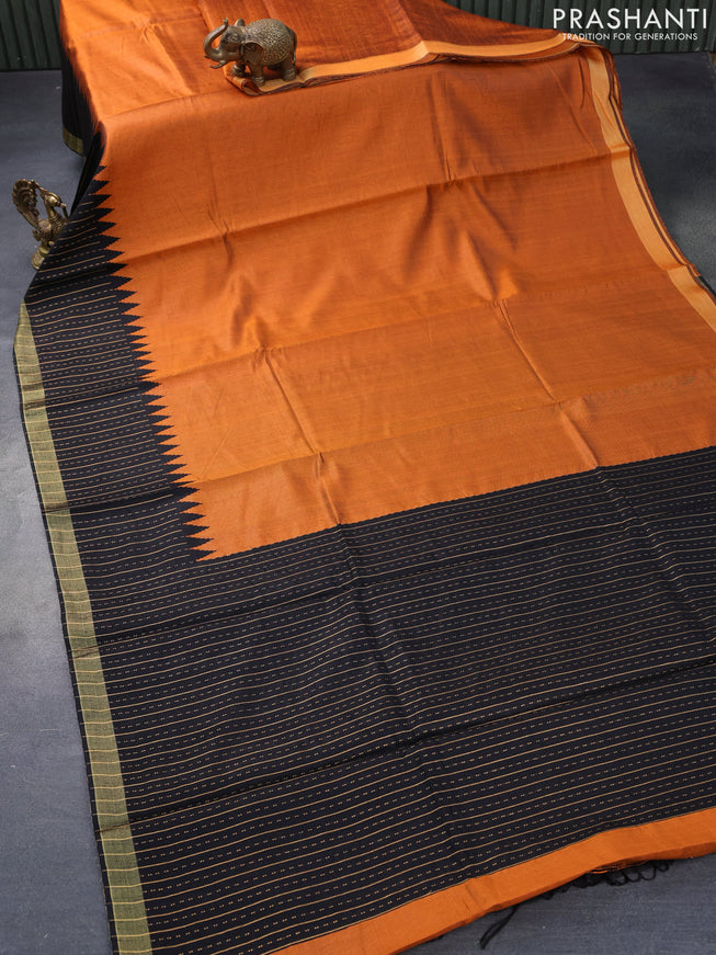 Dupion silk saree orange and black with plain body and temple woven zari border