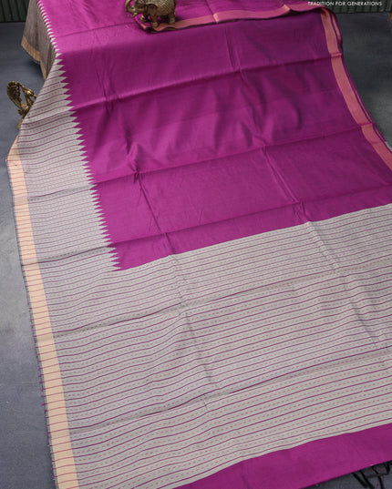 Dupion silk saree purple and grey shade with plain body and temple woven zari border